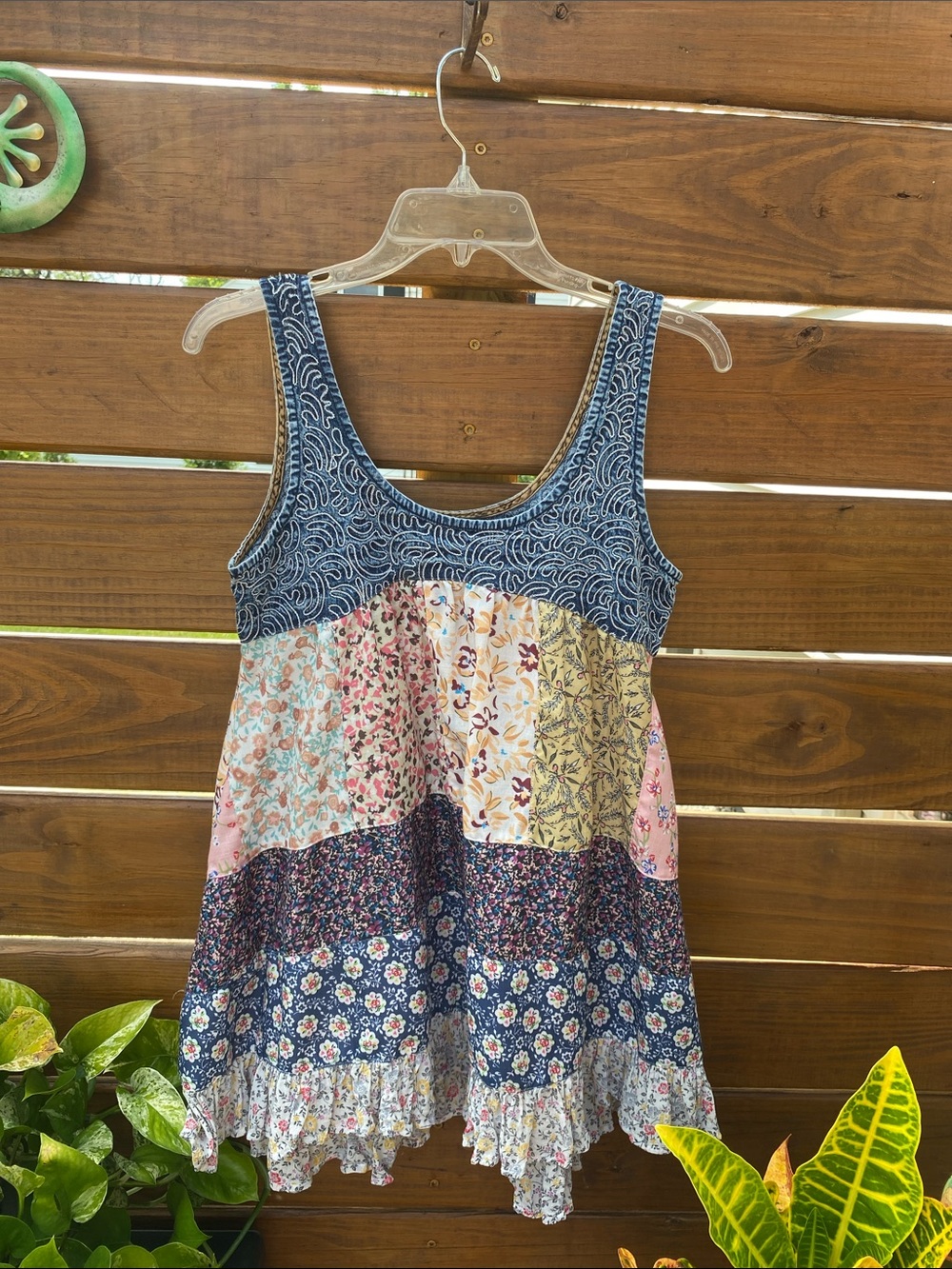 Boho Patchwork Tunic tank denim trim